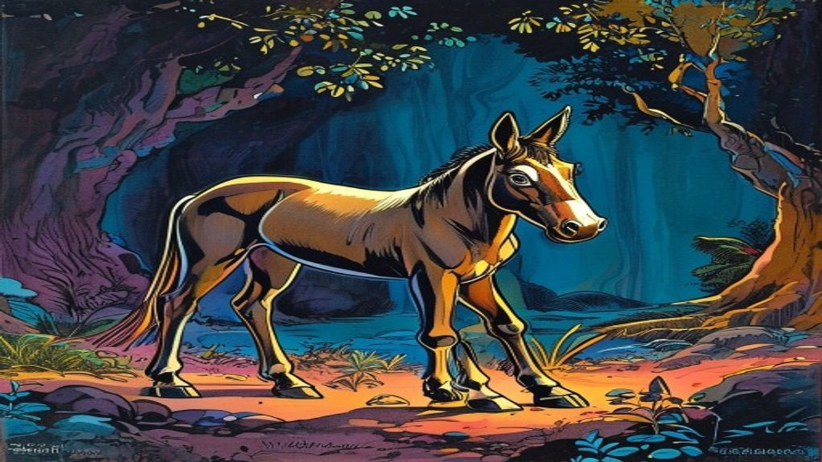 The jackal urgently trying to stop the donkey from braying, gesturing with alarm