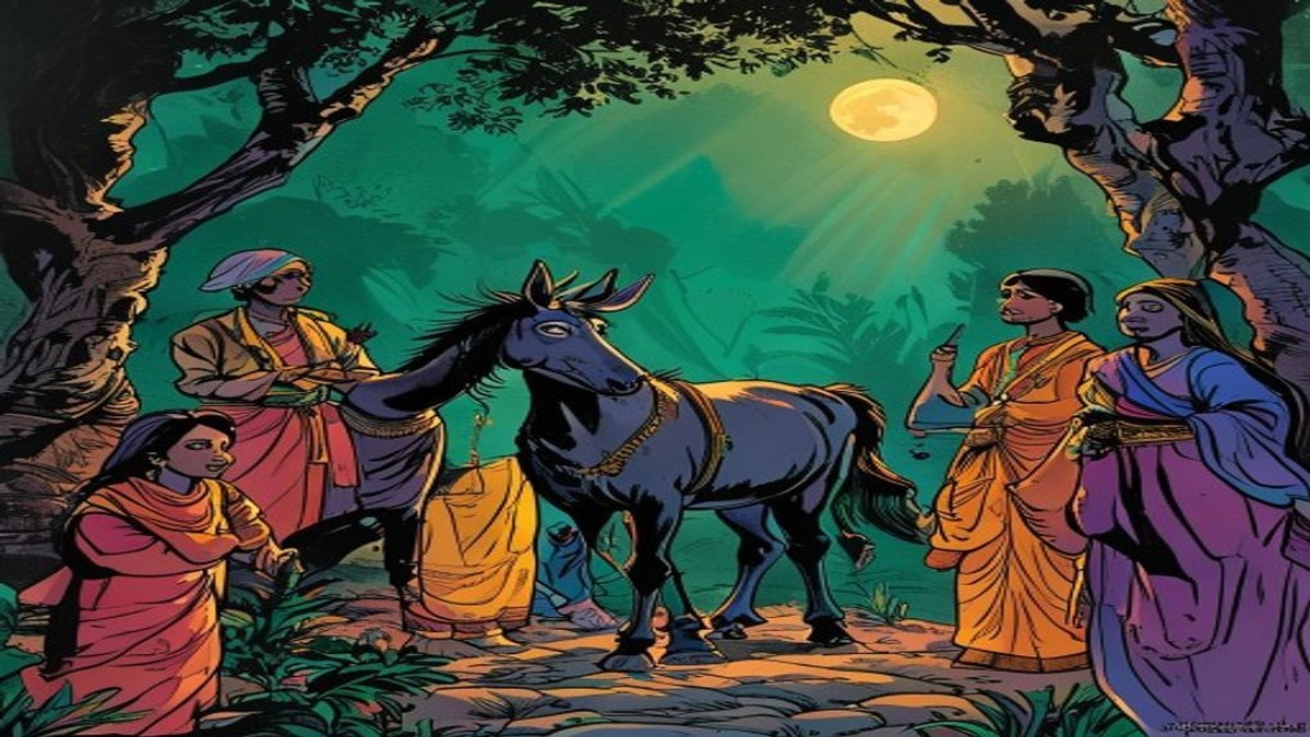 The donkey braying loudly with his head thrown back in the moonlit field