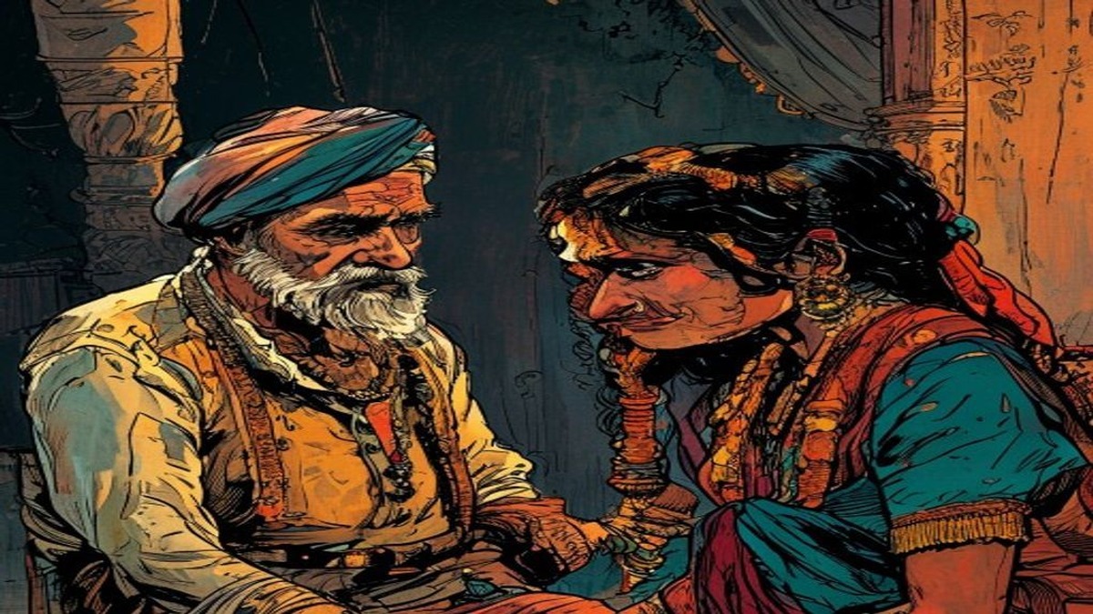 A thief hidden in the rafters of a dark room, watching the couple below in their bed