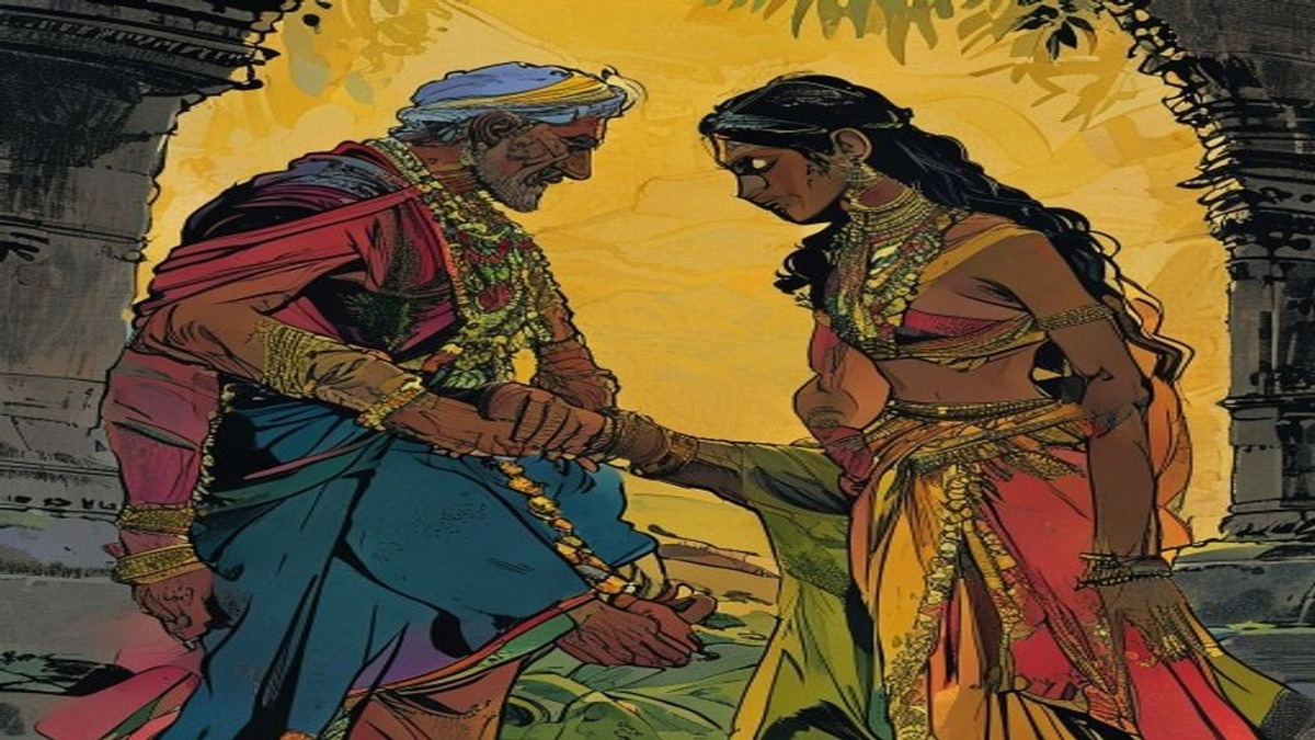 The young wife speaking calmly while the elderly husband panics and the thief listens from above