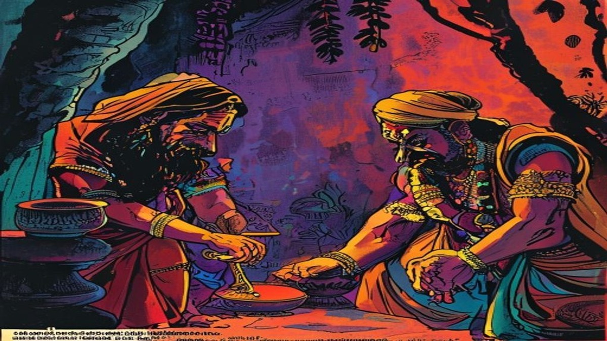 A potter with a facial scar being received at court by a king who regards him with impressed curiosity