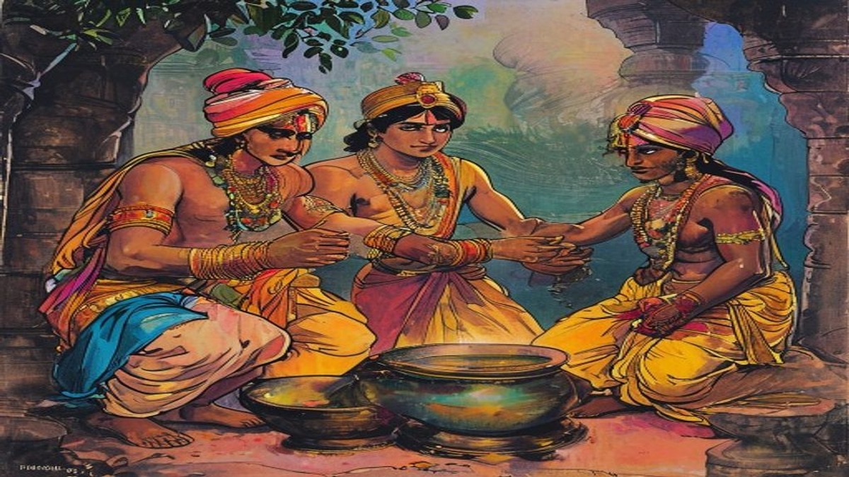 The potter confessing to the king, who listens with a stern but thoughtful expression