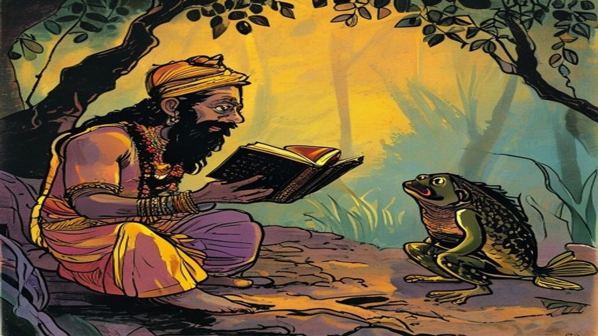 Two large fish and a frog gathered at the surface of a lotus pond in lively conversation