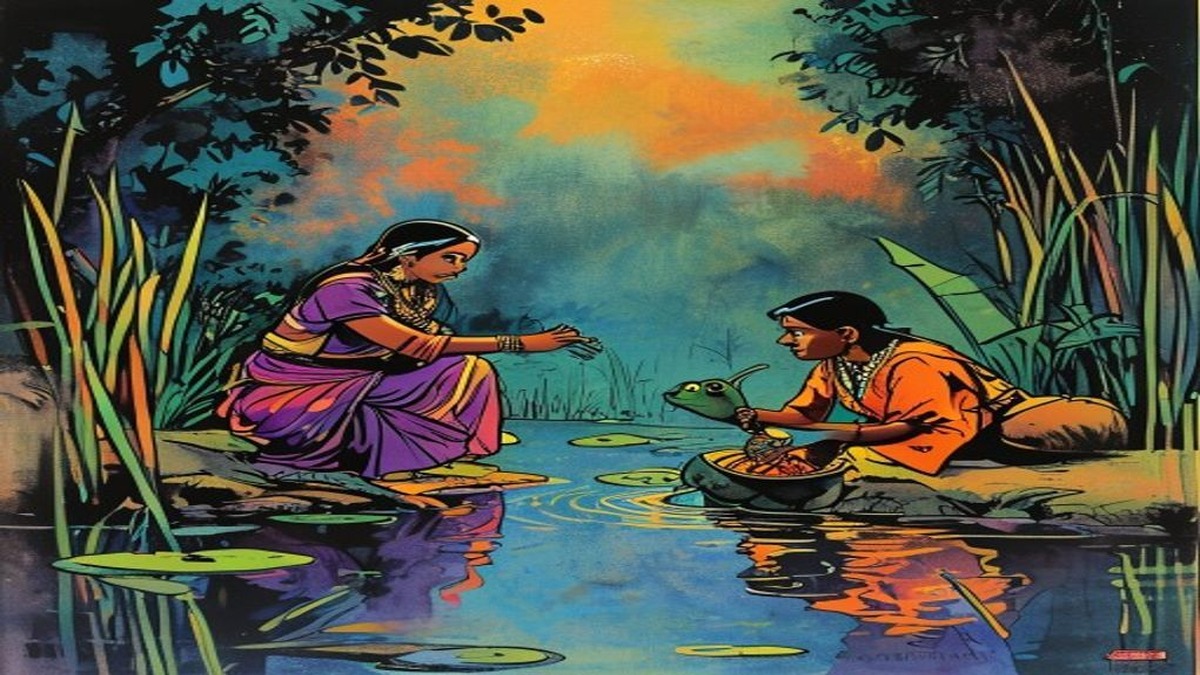 Fishermen approaching the pond at dawn with nets, spotted by the three creatures