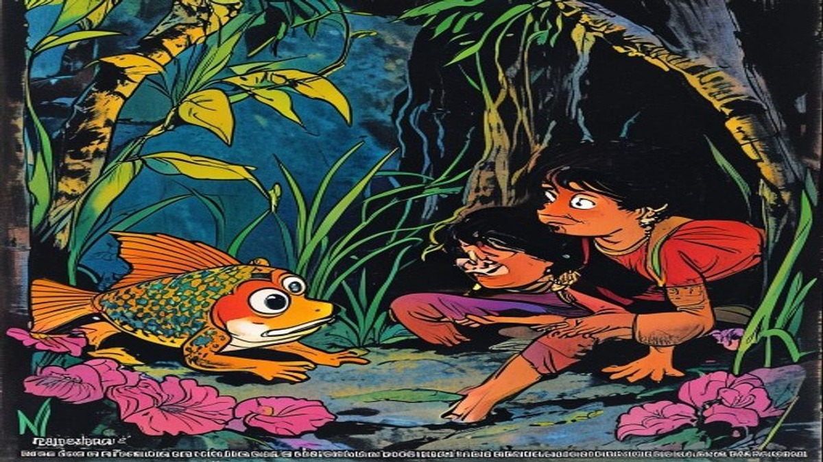 The fishermen walking away with the two large fish while the frog sits safely at the pond's edge