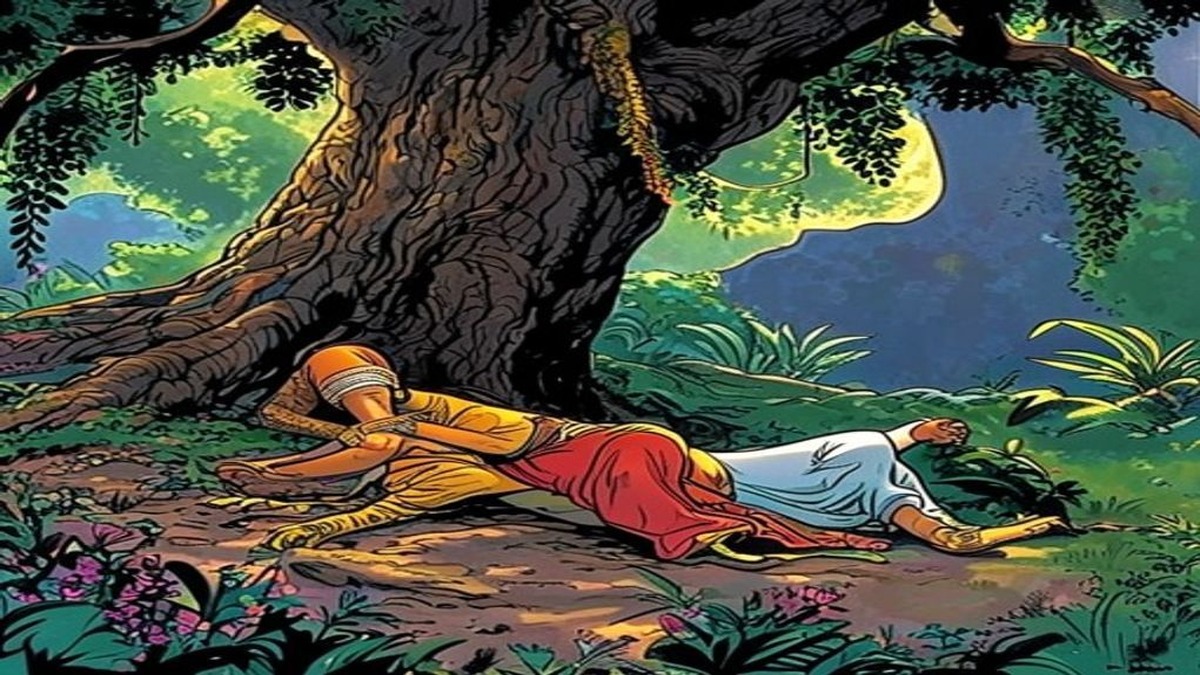 The king cobra in grief and fury at the loss of his son, looking toward the termite mound