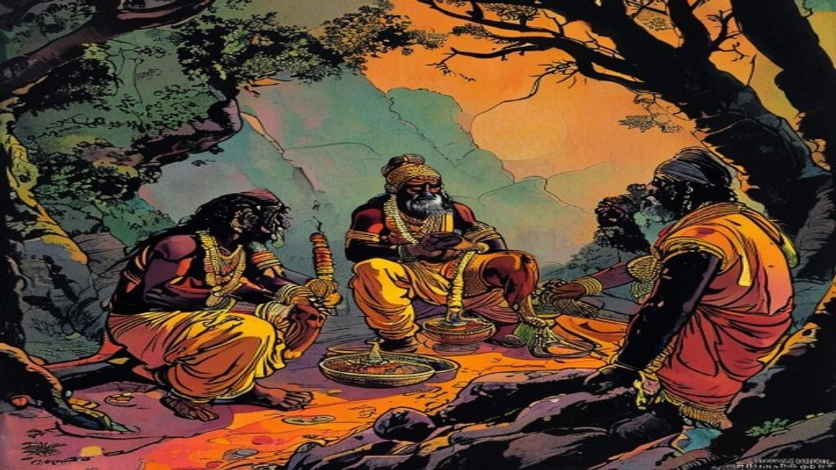 A king sleeping peacefully with a devoted monkey sitting guard beside him holding a sword