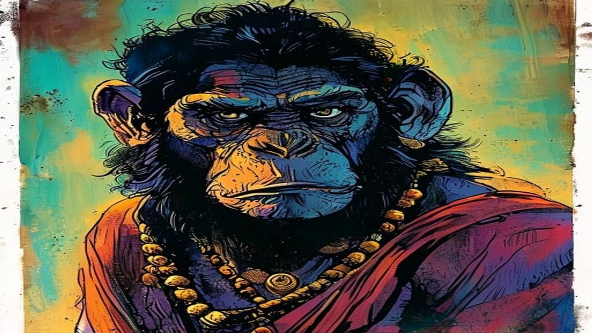 The monkey sitting in anguish beside the king, the sword dropped, understanding arriving too late