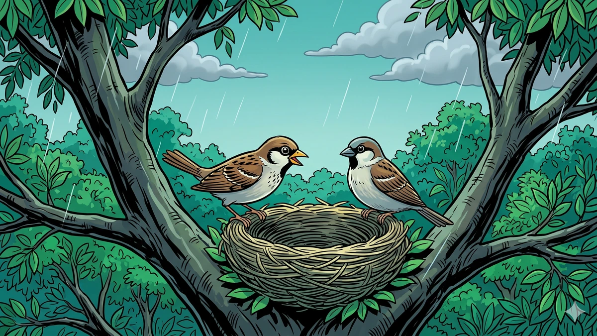 How a Sparrow came to Grief — Sūcīmukhī the sparrow on her nest in the great jungle tree as the storm gathers