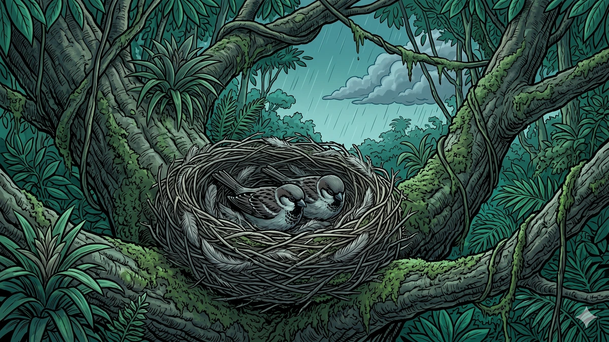 The cozy sparrow nest woven into the heart of the great jungle tree, two sparrows nestled inside