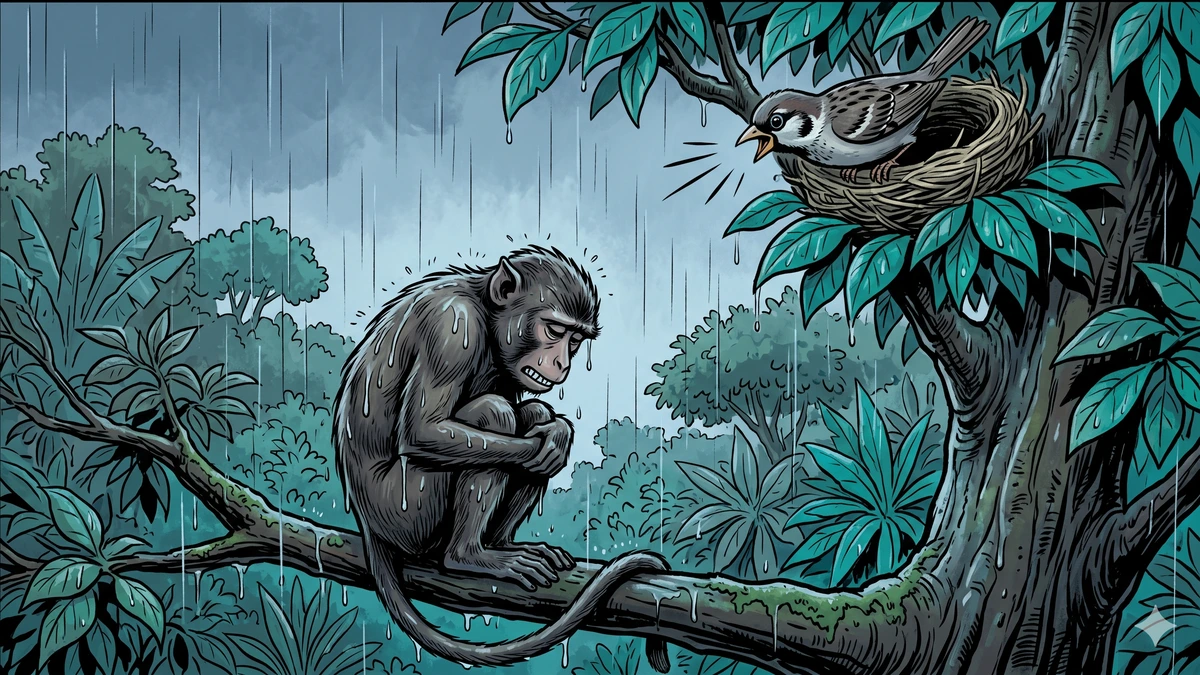 The drenched monkey shivers under the tree while Sūcīmukhī leans out from her warm nest above to lecture him