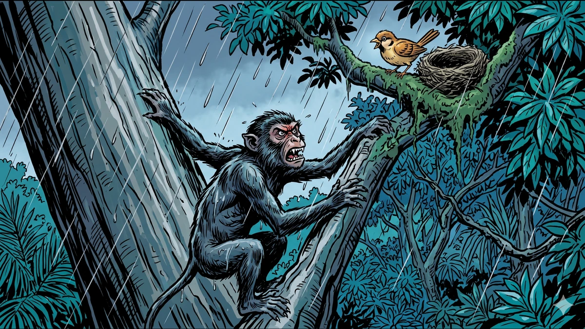 The furious monkey climbs the wet trunk toward the sparrows' nest while Sūcīmukhī chirps on, still oblivious