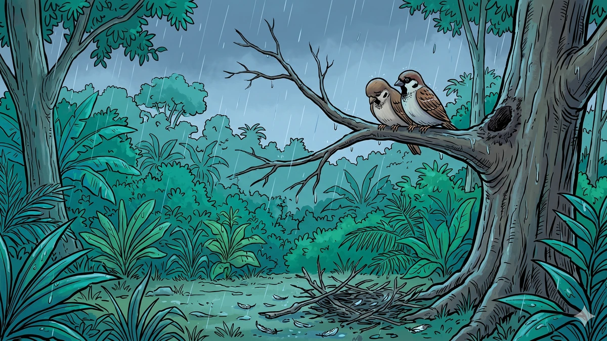 After the storm: the bare branch where the nest used to be, two silent sparrows, scattered twigs below