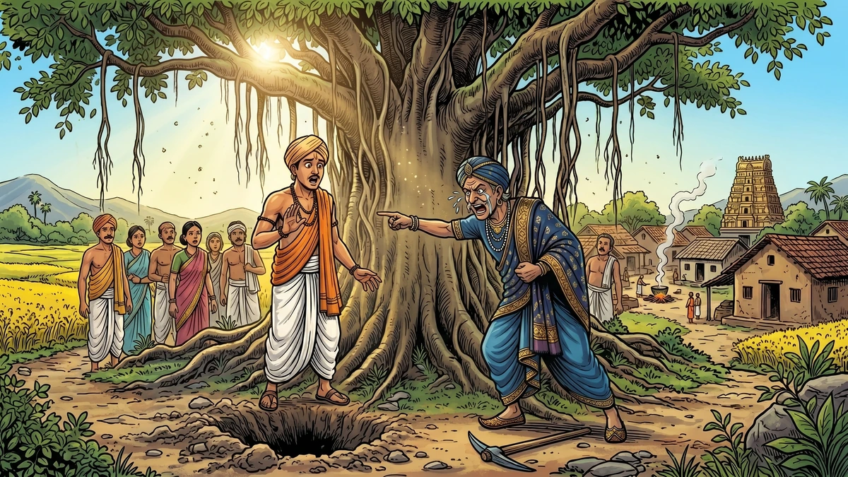 Papabuddhi speaking with his elderly father by lamplight, explaining a scheme while his father looks troubled