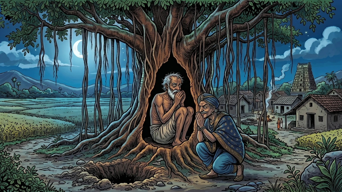 Dharmabuddhi setting fire to dry grass at the base of a hollow tree while judges watch