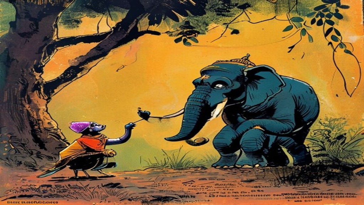 A sparrow looking in anguish at a crushed nest on the ground while a large elephant moves away unconcerned