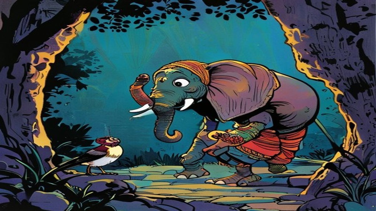 The woodpecker striking the elephant's eye while the fly buzzes in his ear, the elephant lurching in distress