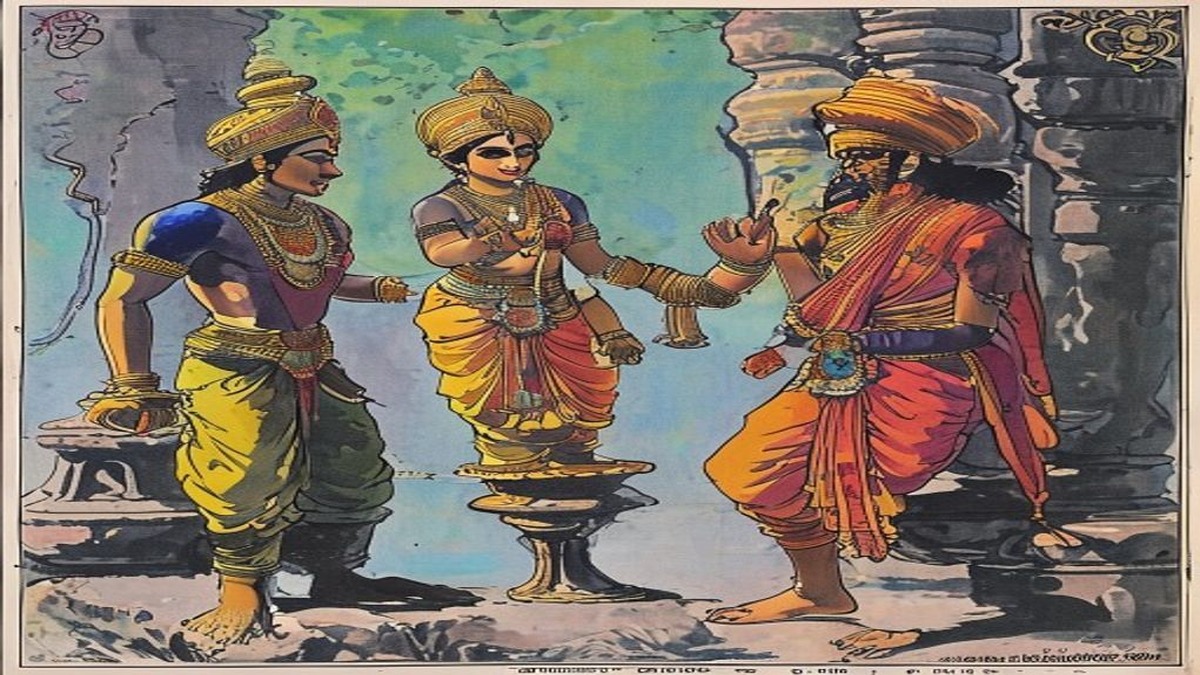 Lakshman spreads his hands apologetically while Dhanadatta listens with a controlled expression