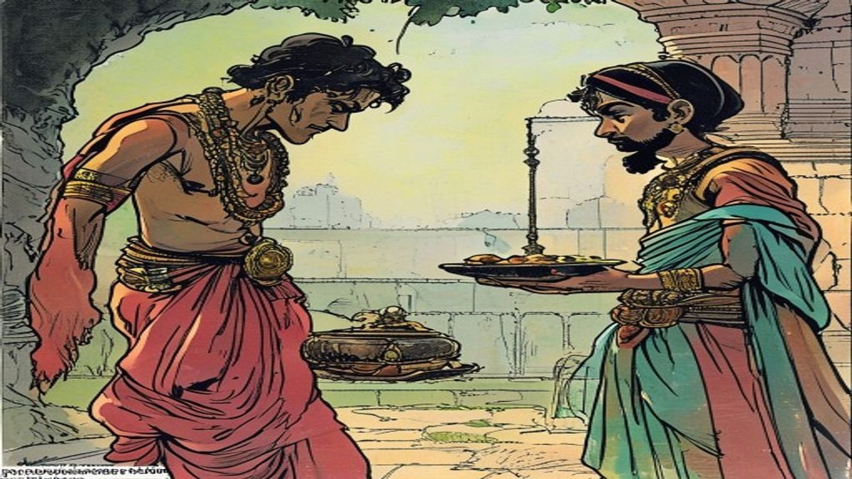 Dhanadatta and Lakshman stand before a magistrate in a columned court, the magistrate listening carefully