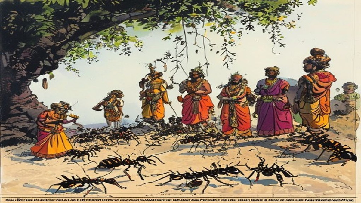 Dhanadatta's iron balance is returned to him outside the courthouse while Lakshman watches in humiliation