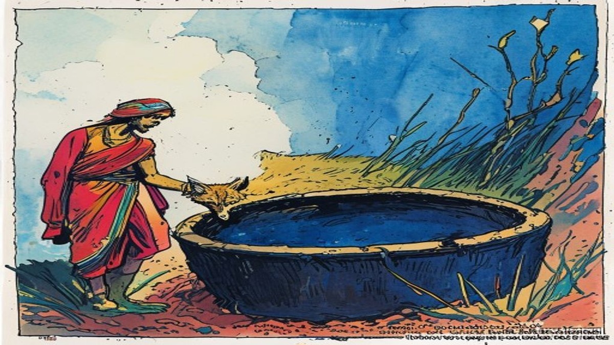 A jackal tumbles into a large vat of bright blue indigo dye in a dyer's yard at night