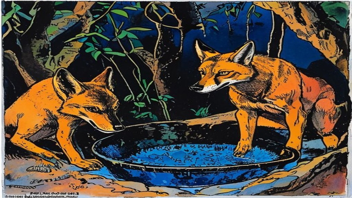 The blue jackal howls at the moon while the assembled animals stare in recognition and the lion rises in fury