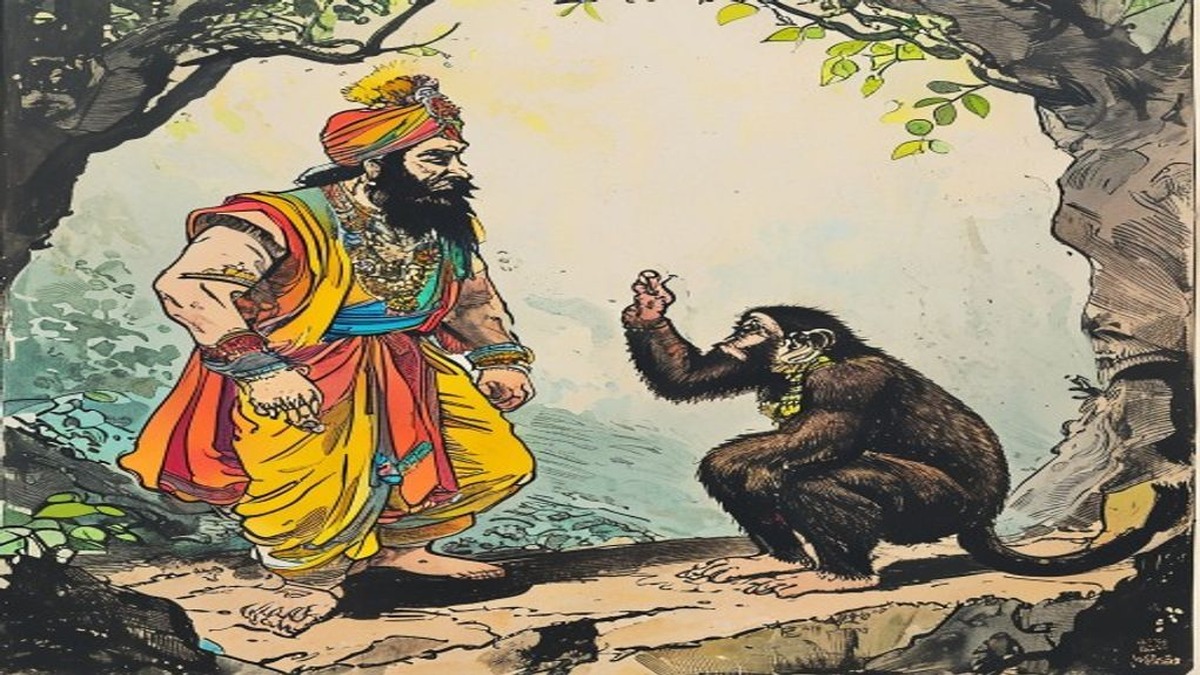 A fly lands on the sleeping king's chest while the monkey watches with growing agitation, the royal sword in its hand
