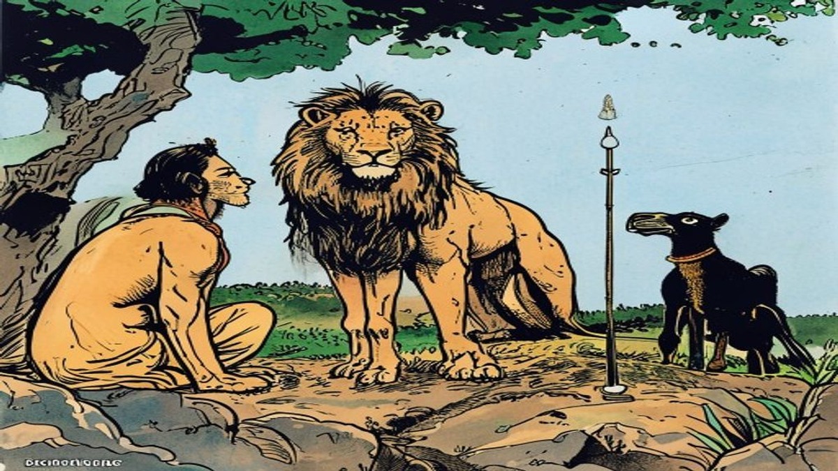 A lion lies wounded under a tree while a crow and jackal sit nearby, watching a tall camel graze peacefully at the clearing's edge