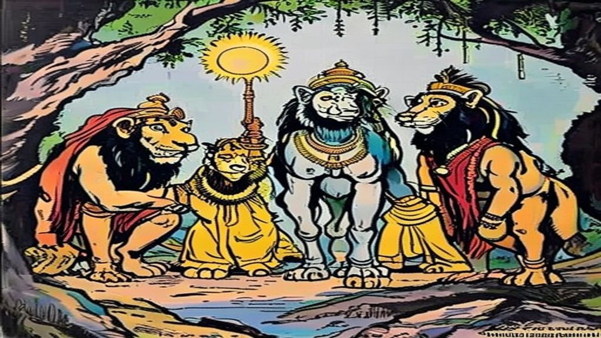 The crow and jackal confer privately, glancing toward the grazing camel while the injured lion rests in the background
