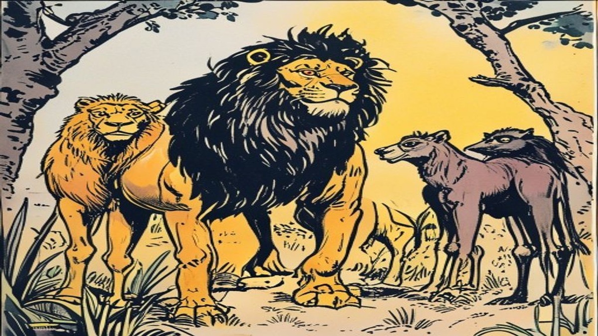 The camel steps forward before the lion with a gesture of offering while the crow and jackal watch with hidden intent