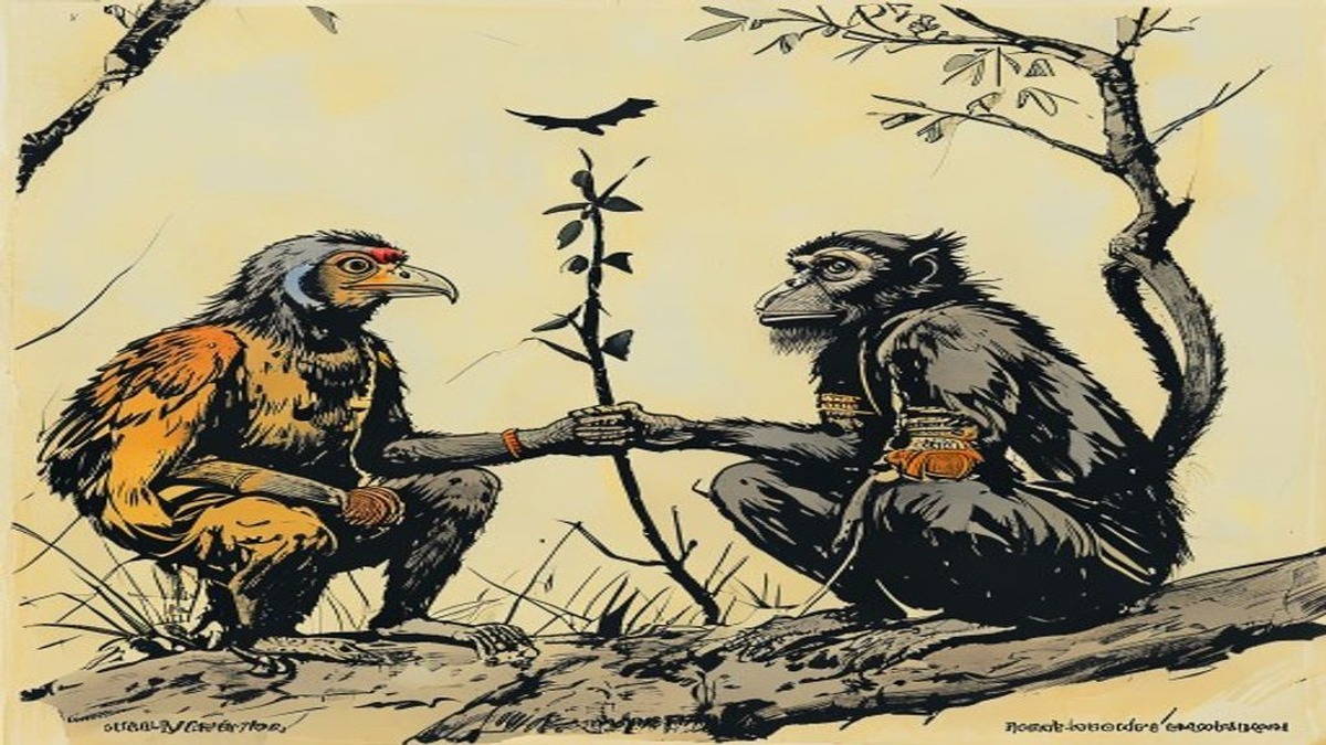 The bird Suchimukha perches on a branch above the monkeys, watching their futile effort with a needle-sharp beak poised to speak