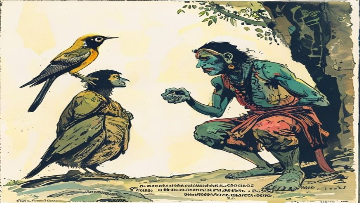 An angry monkey seizes the bird Suchimukha from the branch while the other monkeys watch, the firefly still glowing below