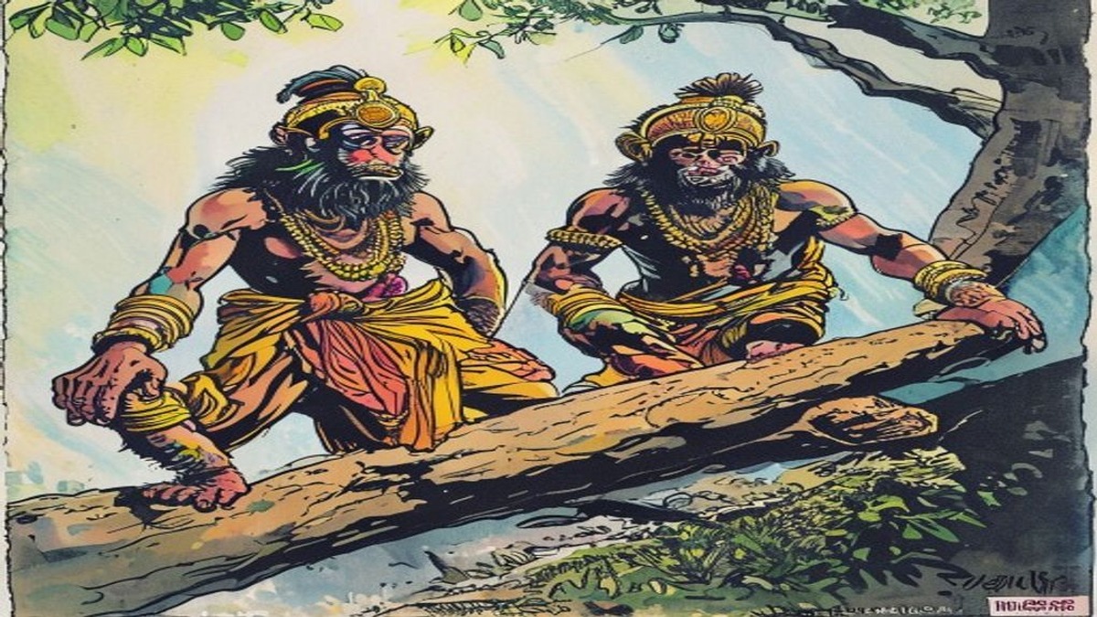 A monkey sits astride the half-sawn log, both hands gripping the wooden wedge, about to pull it free