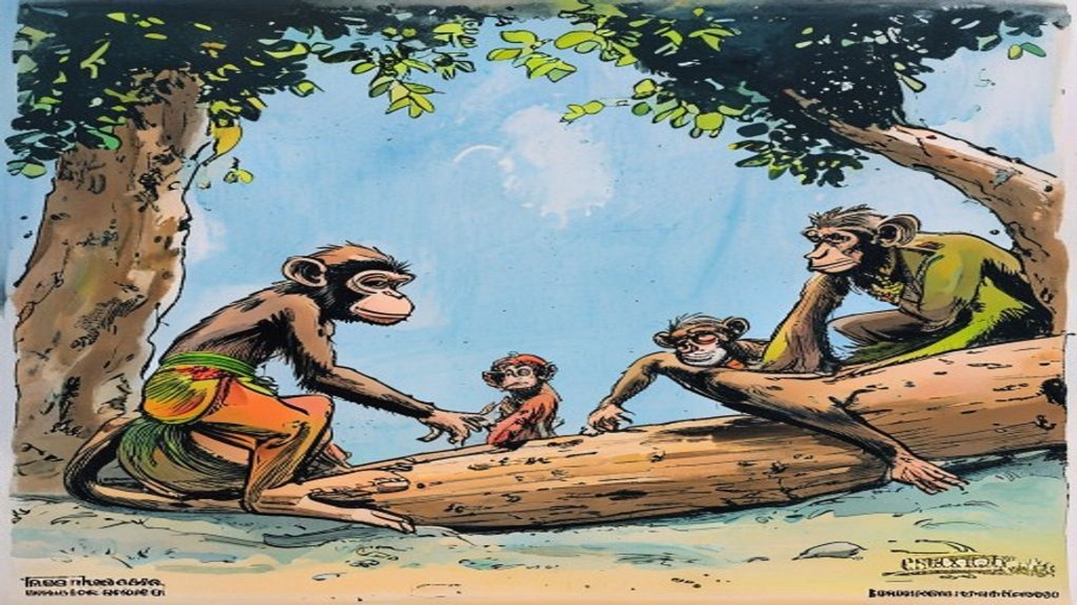 The log has snapped shut, trapping the monkey who had been straddling the gap, while the wedge lies on the ground nearby