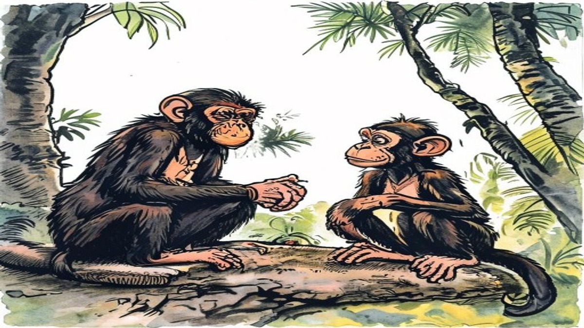 The carpenters return to find the monkey caught in the log, the wedge on the ground, the work interrupted