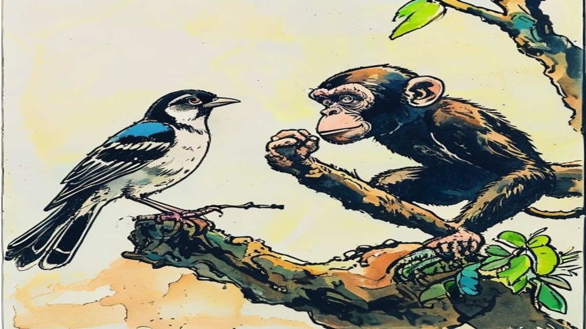 A pair of sparrows tend their neat woven nest in a tree while below a group of monkeys huddle shivering in the cold rain
