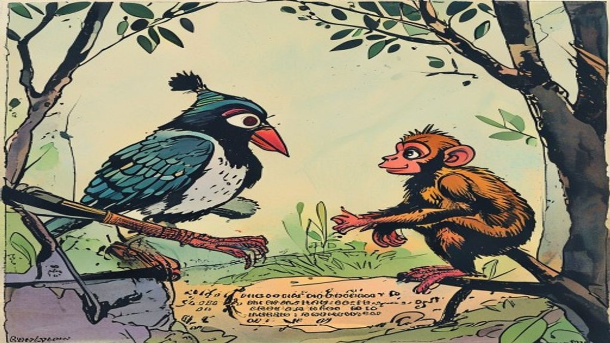 A sparrow leans from its nest opening to address a cluster of shivering monkeys below, gesturing helpfully toward its woven home