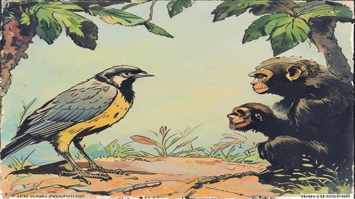 An angry monkey reaches toward the sparrow's nest while the sparrow flutters in alarm, its mate calling from a nearby branch