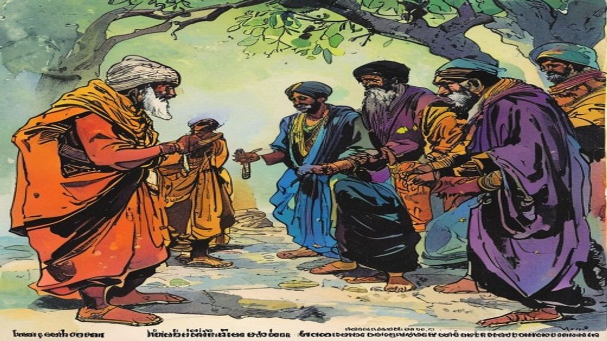 Three Brahmin scholars travel a forest road carrying wrapped bundles, deep in scholarly discussion, unaware of a figure watching from the trees