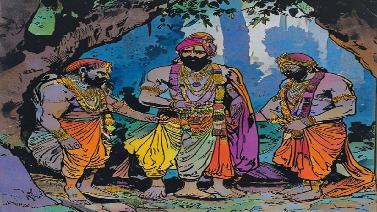 The thief approaches the Brahmin scholars on the road, hands folded in a gesture of respectful greeting, his face composed into an expression of distress