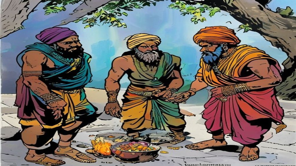 The thief silently replaces the Brahmins' bundles in the dark while the scholars sleep peacefully at the rest stop