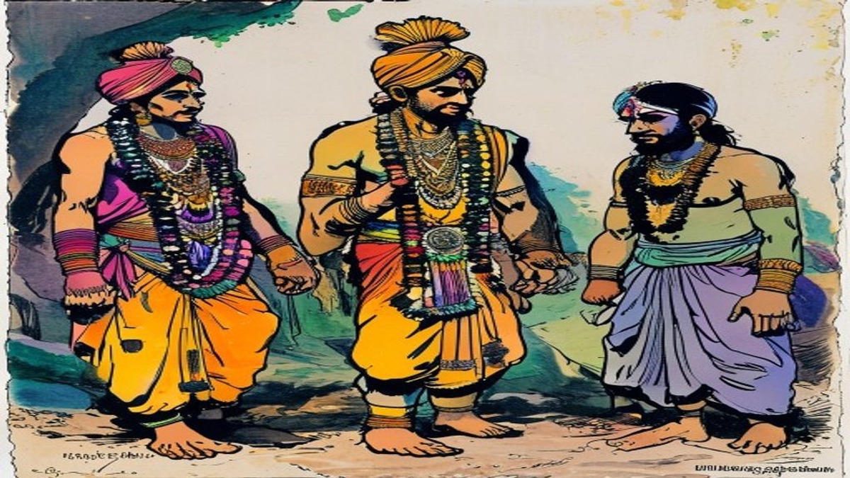 The three Brahmins stare at bundles of stones and sand in a town market, their expressions moving through anger to dawning embarrassment