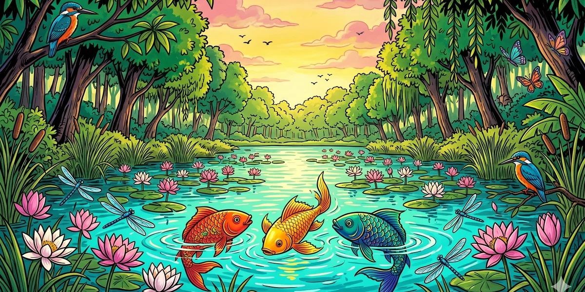 Tale of The Three Fish - Cover - Three colorful fish in a sun-dappled Indian pond with lotus flowers, Anagatavidhatri the orange-red fish, Pratyutpannamati the golden-yellow fish, Yadbhavishya the teal-blue fish, vibrant Amar Chitra Katha style, bright tropical colors