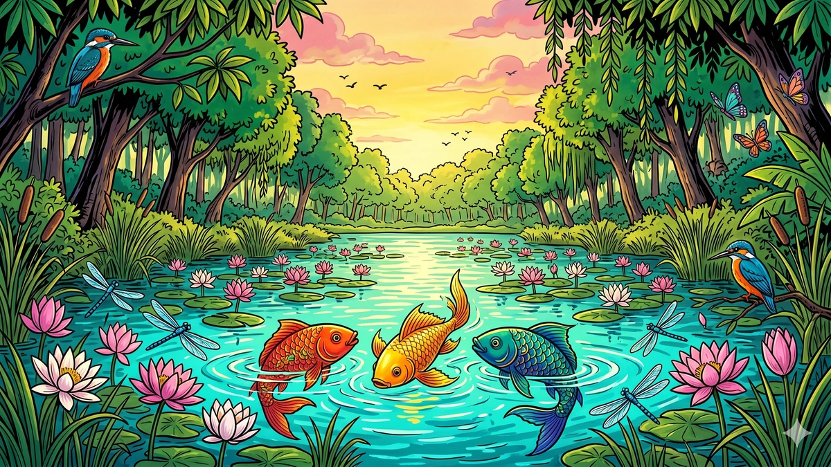 Tale of The Three Fish — three colorful fish in a sun-dappled Indian pond with lotus flowers, the orange-red Anagatavidhatri, the golden-yellow Pratyutpannamati, the teal-blue Yadbhavishya