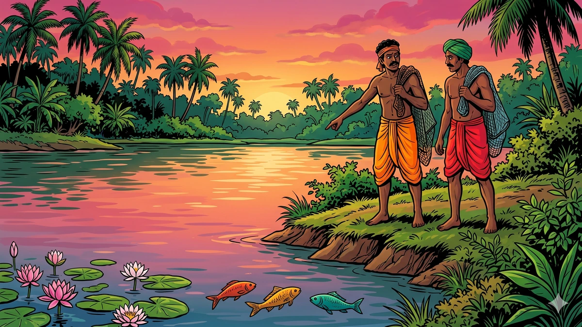Tale of The Three Fish — two fishermen at sunset standing on the bank of the pond, three colorful fish visible in the water, vibrant ACK colors