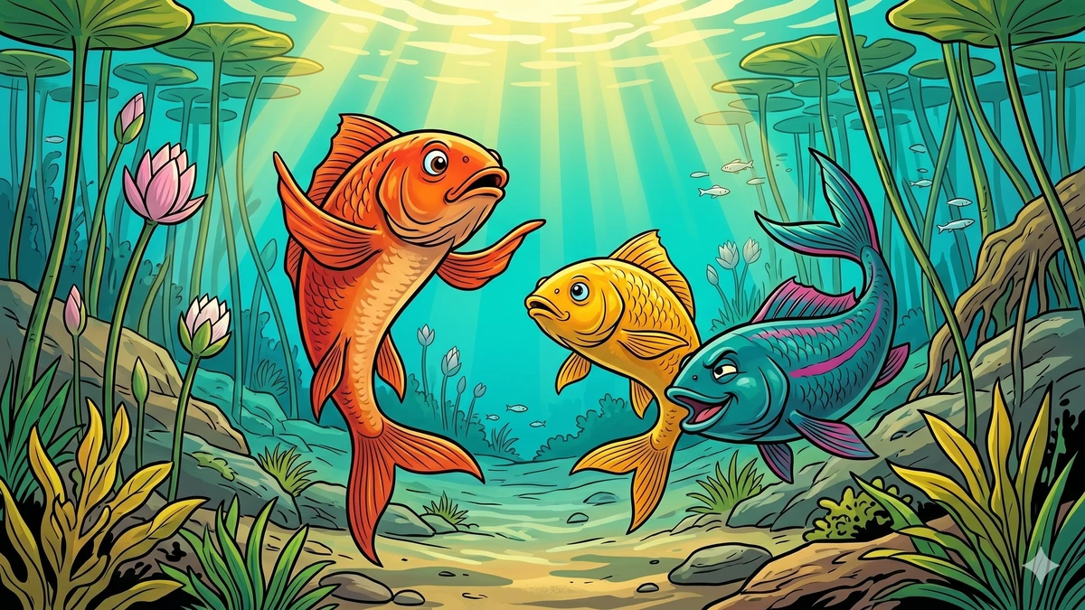 Tale of The Three Fish — underwater council of three fish, the orange-red Anagatavidhatri speaking, golden-yellow Pratyutpannamati listening, teal-blue Yadbhavishya laughing dismissively