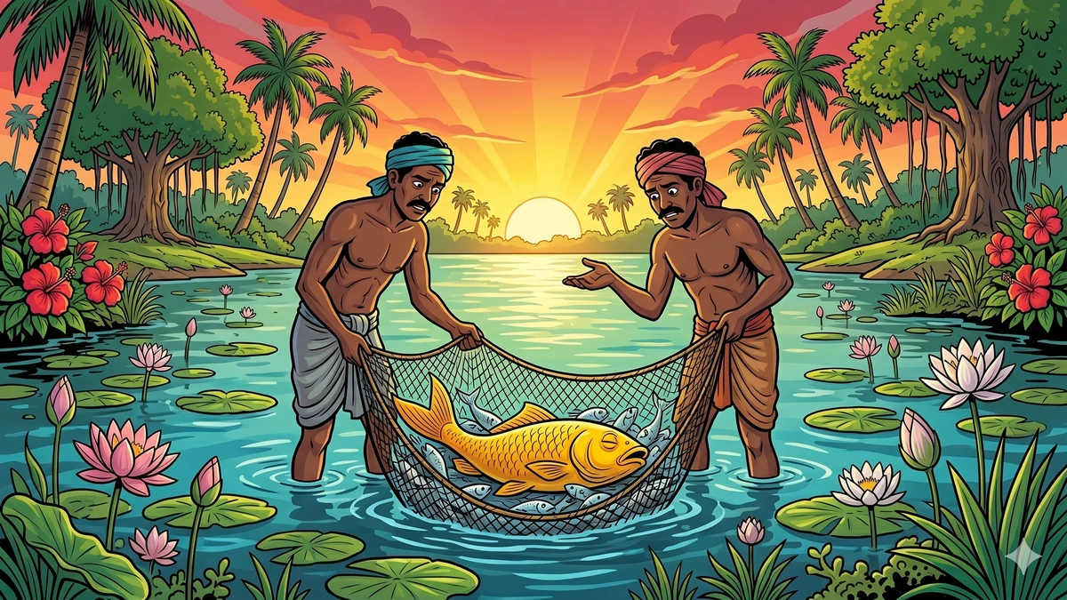 Tale of The Three Fish — Pratyutpannamati the golden-yellow fish in the fishermen's net at dawn, playing dead, the fishermen looking with disgust