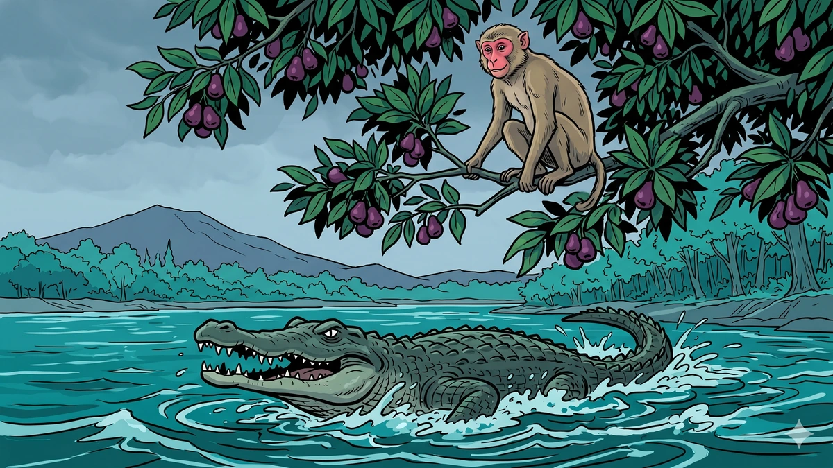 Tale of The Three Fish — two fish swimming free in a clear forest river, the orange-red Anagatavidhatri and the golden-yellow Pratyutpannamati, the teal-blue Yadbhavishya absent, kingfishers and dragonflies