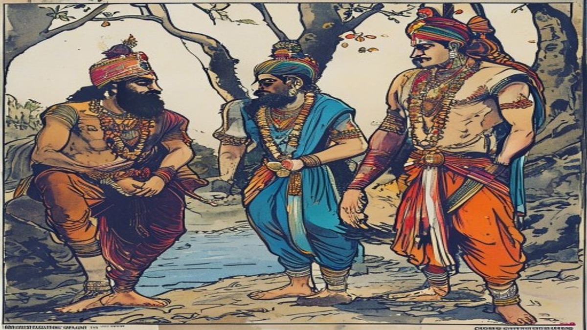 The male chakravaka stands at the ocean's edge making his vow while the female watches in grief, the empty hollow behind them