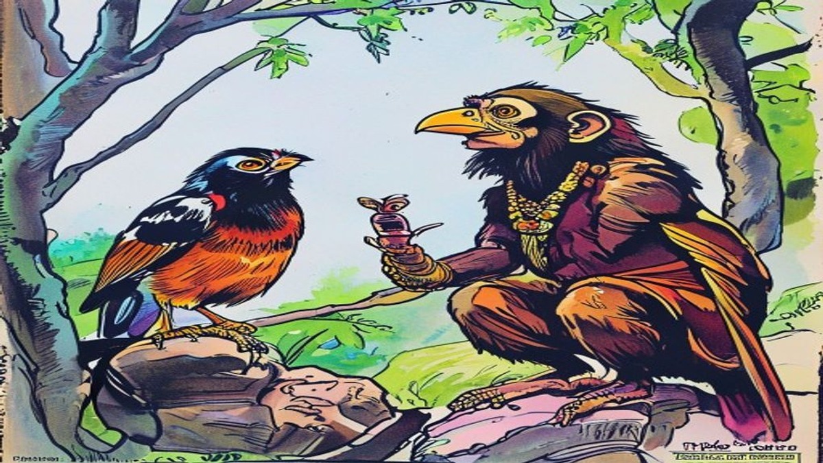 The weaver bird leans from its nest explaining weaving to the wet glowering monkey above